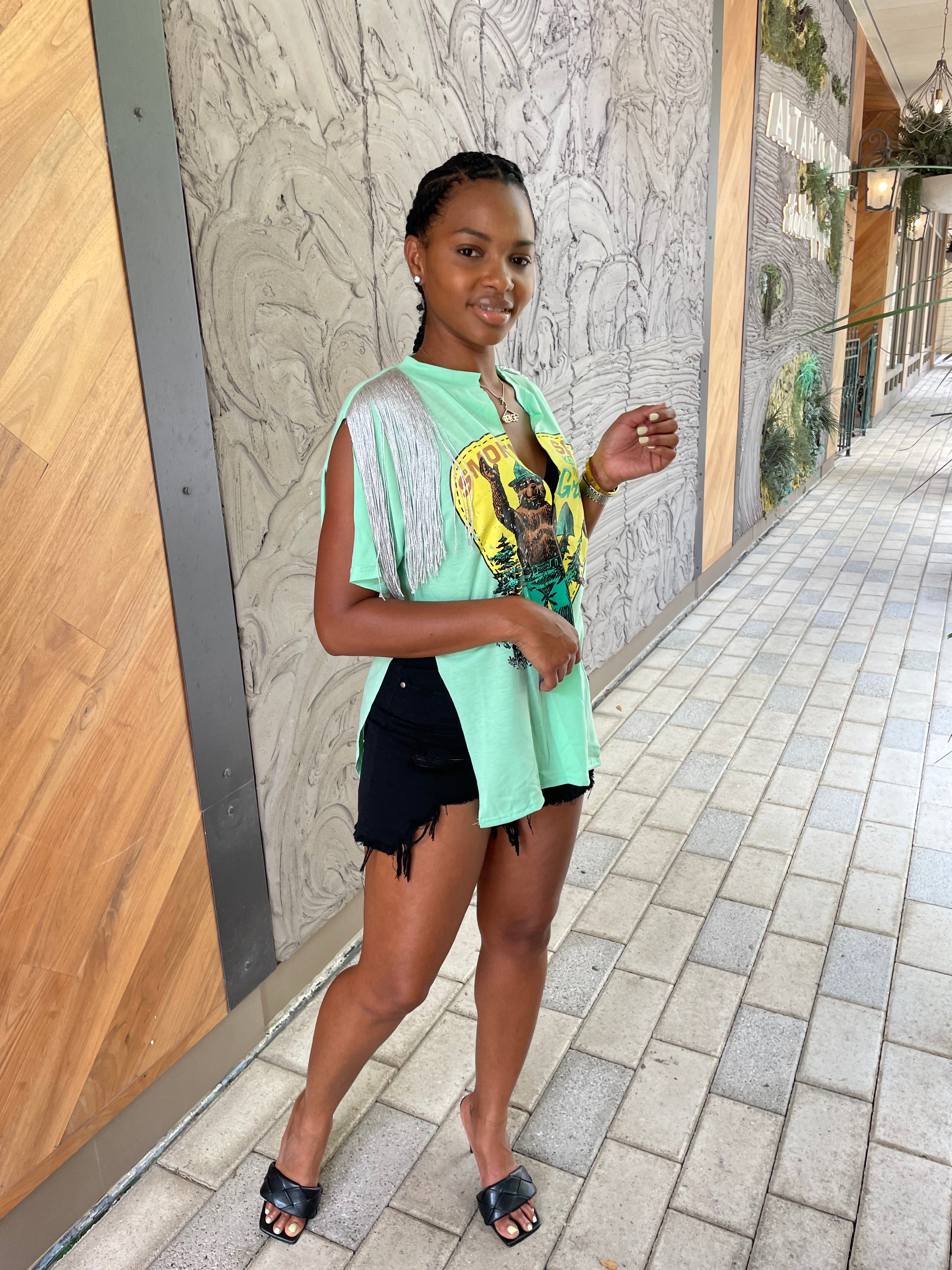 Nici Cut-Up Fringe Shirt (Green)